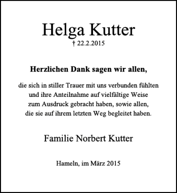 Traueranzeige von Helga Kutter von Deister- und Weserzeitung