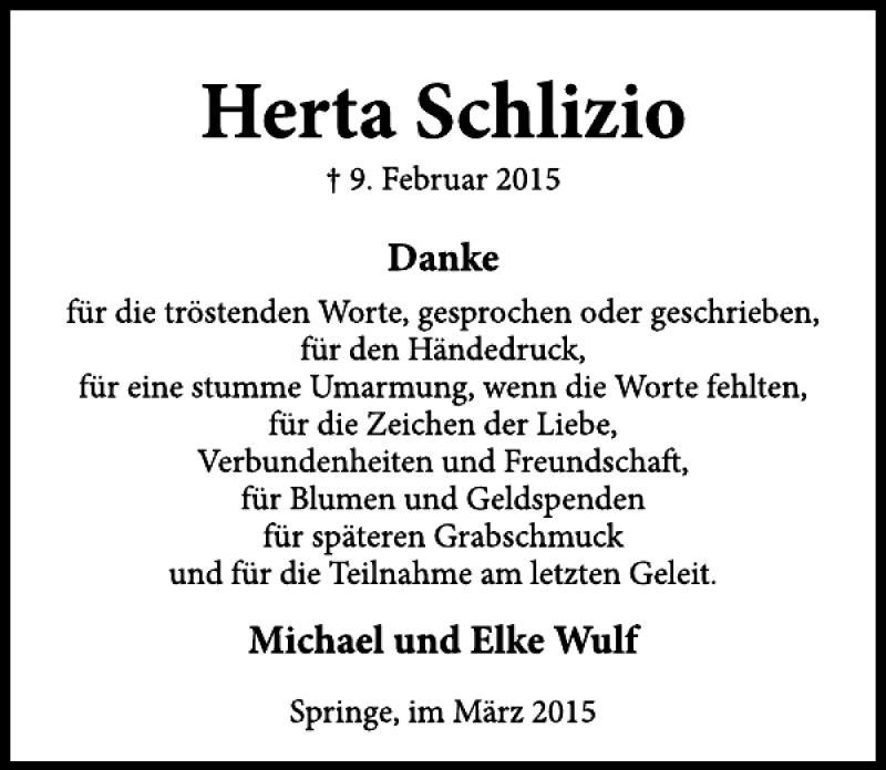  Traueranzeige für Herta Schlizio vom 07.03.2015 aus Neue Deister-Zeitung