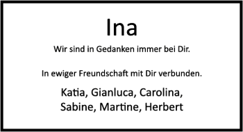 Traueranzeige von INA  von Deister- und Weserzeitung