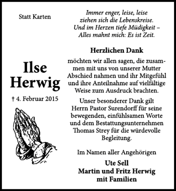 Traueranzeige von Ilse Herwig von Neue Deister-Zeitung