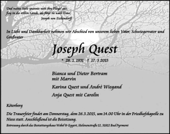 Traueranzeige von Joseph Quest von Deister- und Weserzeitung