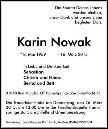 Traueranzeige von Karin Nowak von Neue Deister-Zeitung