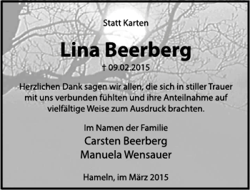 Traueranzeige von Lina Beerberg von Deister- und Weserzeitung