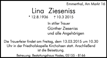 Traueranzeige von Lina Zieseniss von Deister- und Weserzeitung