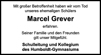 Traueranzeige von Marcel Grever von Deister- und Weserzeitung