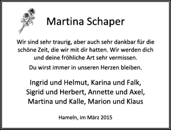 Traueranzeige von Martina Schaper von Deister- und Weserzeitung