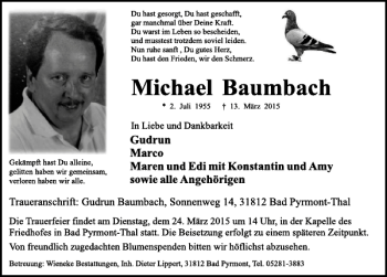 Traueranzeige von Michael Baumbach von Deister- und Weserzeitung