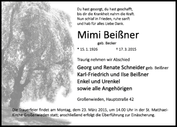 Traueranzeige von Mimi Beißner von Deister- und Weserzeitung