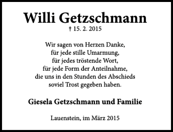 Traueranzeige von Willi Getzschmann von Deister- und Weserzeitung