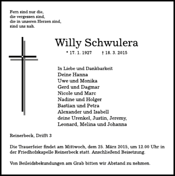 Traueranzeige von Willy Schwulera von Deister- und Weserzeitung