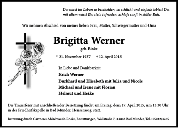 Traueranzeige von Brigitta Werner von Neue Deister-Zeitung