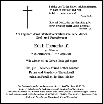 Traueranzeige von Edith Theuerkauff von Deister- und Weserzeitung