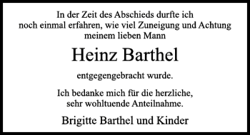 Traueranzeige von Heinz Barthel von Neue Deister-Zeitung