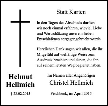 Traueranzeige von Helmut Hellmich von Deister- und Weserzeitung
