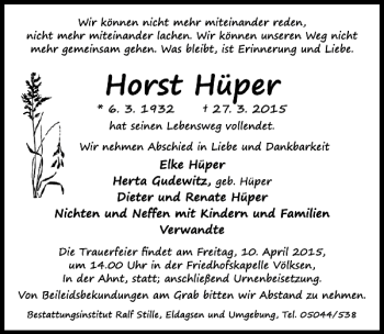 Traueranzeige von Horst Hüper von Neue Deister-Zeitung