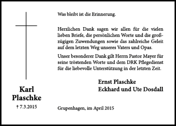 Traueranzeige von Karl Plaschke von Deister- und Weserzeitung