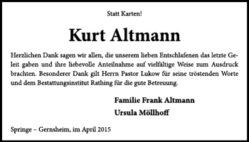 Traueranzeige von Kurt Altmann von Neue Deister-Zeitung