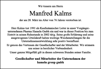 Traueranzeige von Nachruf Manfred Kalms von Deister- und Weserzeitung