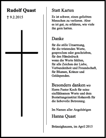 Traueranzeige von Rudolf Quast von Deister- und Weserzeitung
