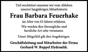 Traueranzeige von Barbara Feuerhake von Neue Deister-Zeitung