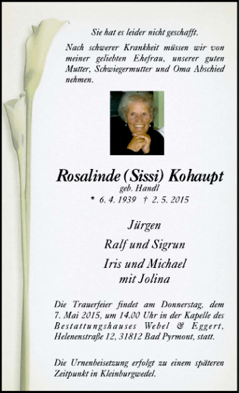 Traueranzeige von Rosalinde Kohaupt von Deister- und Weserzeitung