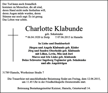 Traueranzeige von Charlotte Klabunde von Deister- und Weserzeitung