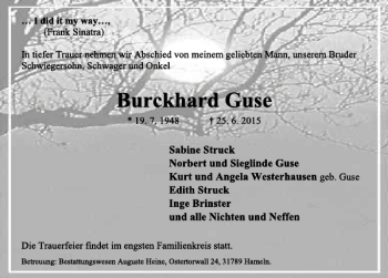 Traueranzeige von Burckhard Guse von Deister- und Weserzeitung