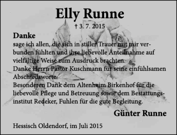 Traueranzeige von Elly Runne von Deister- und Weserzeitung