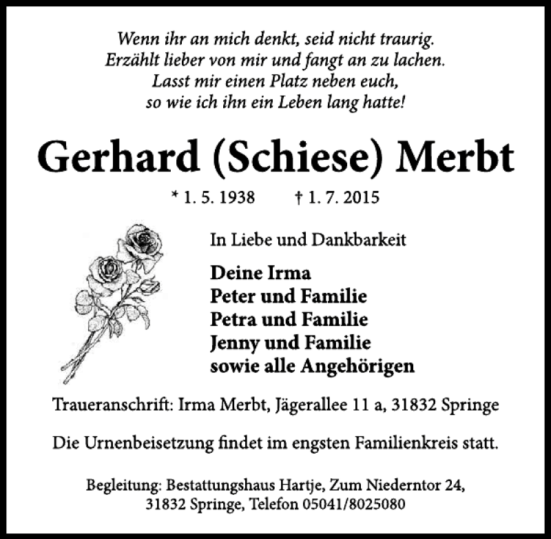  Traueranzeige für Gerhard (Schiese) Merbt vom 04.07.2015 aus Neue Deister-Zeitung