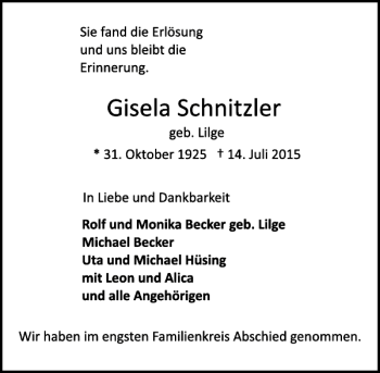 Traueranzeige von Gisela Schnitzler von Deister- und Weserzeitung