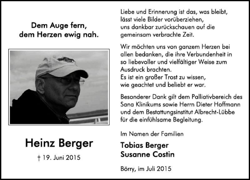  Traueranzeige für Heinz Berger vom 18.07.2015 aus Deister- und Weserzeitung