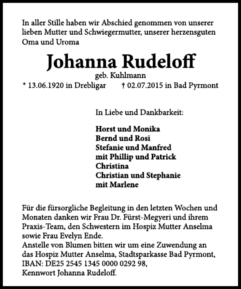  Traueranzeige für Johanna Rudeloff vom 11.07.2015 aus Deister- und Weserzeitung