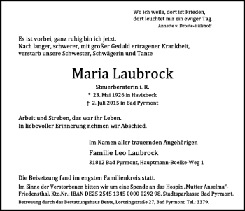 Traueranzeige von Maria Laubrock von Deister- und Weserzeitung
