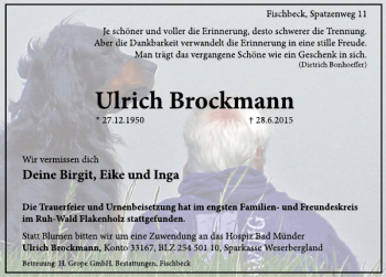 Traueranzeige von Ulrich Brockmann. von Deister- und Weserzeitung