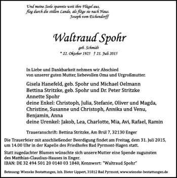 Traueranzeige von Waltraud Spohr von Deister- und Weserzeitung
