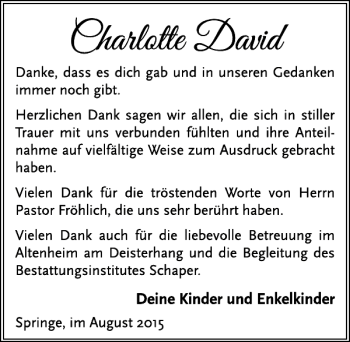 Traueranzeige von Charlotte David von Neue Deister-Zeitung