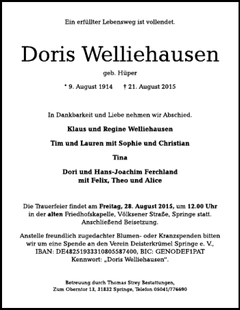 Traueranzeige von Doris Welliehausen von Neue Deister-Zeitung