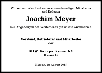 Traueranzeige von Joachim Meyer von Deister- und Weserzeitung