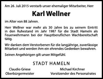 Traueranzeige von Karl Wellner von Deister- und Weserzeitung