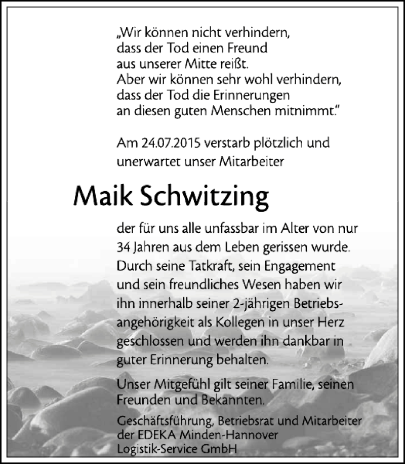  Traueranzeige für Maik Schwitzing vom 01.08.2015 aus Deister- und Weserzeitung