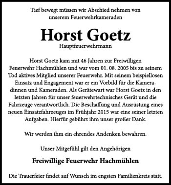 Traueranzeige von Horst Goetz von Neue Deister-Zeitung
