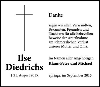 Traueranzeige von Ilse Dietrichs von Neue Deister-Zeitung