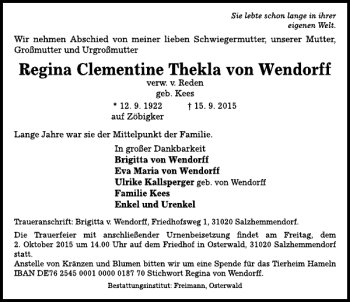 Traueranzeige von Regina von Wendorff von Deister- und Weserzeitung