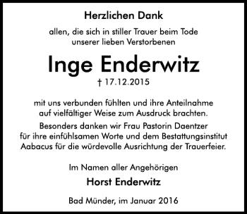 Traueranzeige von Inge Enderwitz von Neue Deister-Zeitung