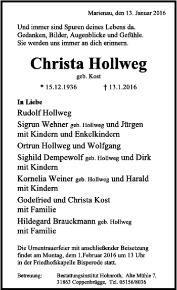 Traueranzeige von Christa Hollweg von Deister- und Weserzeitung