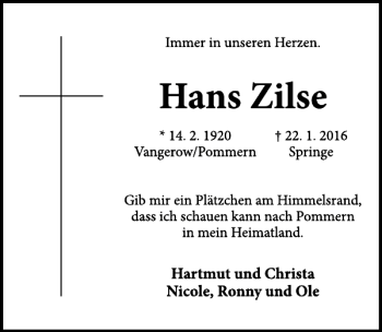 Traueranzeige von Hans Zilse von Neue Deister-Zeitung