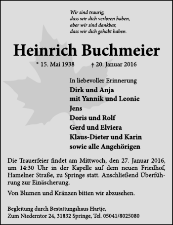 Traueranzeige von Heinrich Buchmeier von Neue Deister-Zeitung