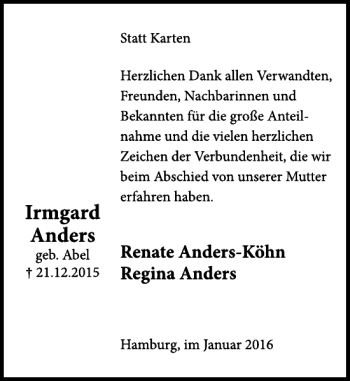 Traueranzeige von Irmgard Anders von Deister- und Weserzeitung