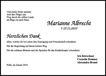 Traueranzeige von Marianne Albrecht von Deister- und Weserzeitung