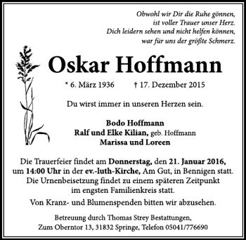 Traueranzeige von Oskar Hoffmann von Neue Deister-Zeitung